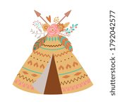 Cute boho teepee with floral bouquet, feathes, arrows. Tribal baby girl element. Teepee tent, wigwam Vector