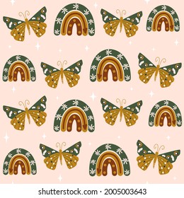 Cute boho trendy seamless vector pattern background illustration with colorful moth, rainbows and stars