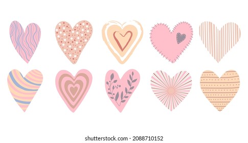 Cute boho Valentines Day hearts set. Romantic pastel colors illustration.