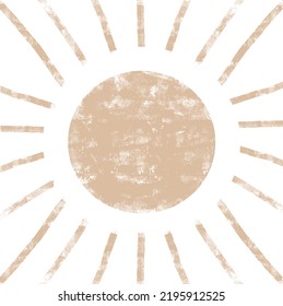 Cute Boho Vector Art with Crayon Drawing Style Sun. Hand Drawn Big Light Gold Sun with Rays Isolated on a White Background. Simple Infantile Style Grunge Boho Print ideal for Card, Wall Art, Poster.