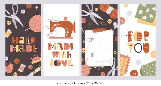 Cute boho vector tags with sewing buttons, fabric, fabric swatches,  pins, spool of thread, threads, scissors, wool, needles, needle box, sewing machine and other elements for hand made