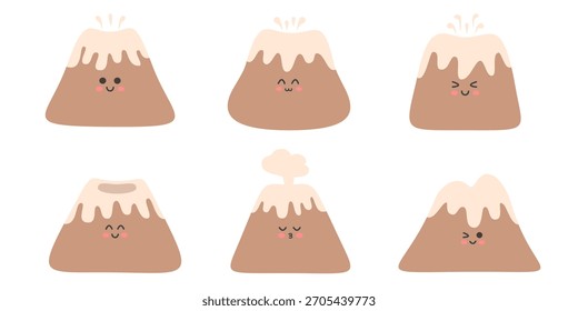 Cute Boho Volcano Character Set. Earth Tone Kawaii Mountain Mascots with Funny Expressions. Hand Drawn Nursery Vector Illustration.
