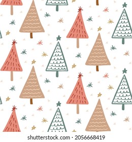 Cute Boho winter season holiday childish seamless pattern with minimalist hand drawn Christmas tree doodle. Beautiful New Year children naive background design, textile print.