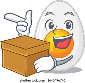 Caricatura de huevo cocido con una caja