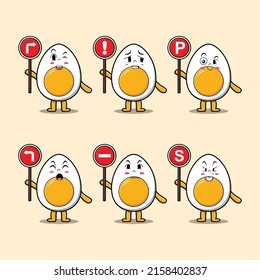 Cute boiled egg cartoon character holding traffic sign in modern 3d style design