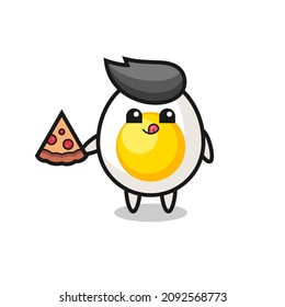cute boiled egg cartoon eating pizza , cute style design for t shirt, sticker, logo element