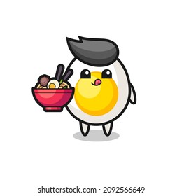 cute boiled egg character eating noodles , cute style design for t shirt, sticker, logo element