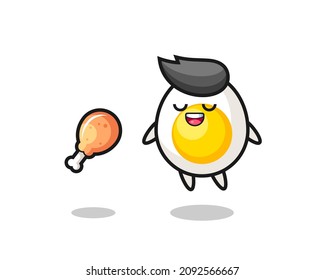 bonito huevo hervido flotando y tentado por pollo frito, diseño de estilo lindo para camiseta, pegatina, elemento logo
