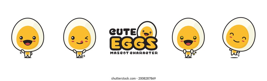 cute boiled egg mascot, with different facial expressions and poses, isolated on a white background