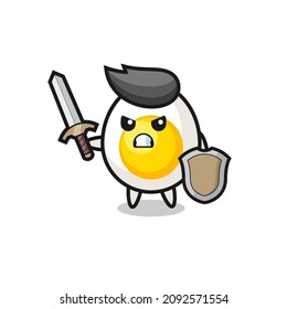cute boiled egg soldier fighting with sword and shield , cute style design for t shirt, sticker, logo element