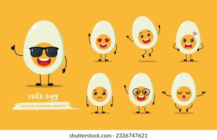 Cute boiled egg wear sunglasses character. Funny half egg emoticon in flat style. Different Face Expression Emoji vector illustration.