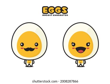 cute boiled eggs mascot, food cartoon illustration, isolated on white background