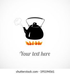 Cute boiling teapot on fire. Vector illustration.