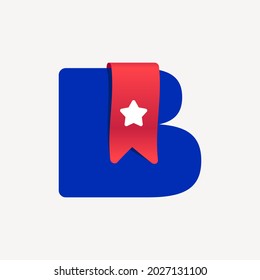 Cute and bold B letter logo with a red bookmark ribbon and white star. Vector typeface is perfect for your Favorite project, School infographic, Reading App identity, Books store, or company.