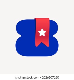 Logotipo número ocho, corto y audaz, con una cinta roja y una estrella blanca. El tipo de vectores es perfecto para tu proyecto Favorito, infografía escolar, identidad de aplicación de lectura, tienda de libros o compañía.