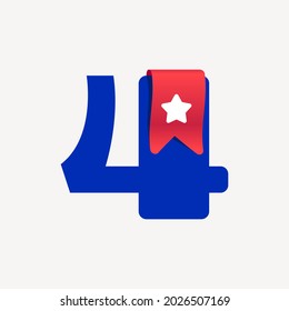 Cute and bold number four logo with a red bookmark ribbon and white star. Vector typeface is perfect for your Favorite project, School infographic, Reading App identity, Books store, or company.