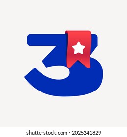 Logotipo número tres, corto y audaz, con una cinta de marcadores roja y una estrella blanca. El tipo de vectores es perfecto para tu proyecto Favorito, infografía escolar, identidad de aplicación de lectura, tienda de libros o compañía.