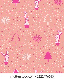 Cute bold pink modern minimal Christmas cacti snowman vector seamless pattern background.