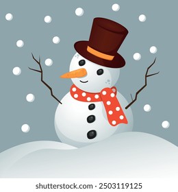 Cute and bold snowman with hat and muffler, twig arms