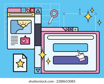 Cute bold and solid art styled web internet retro themed outlined vector illustrative background isolated on blue colored rectangle template wallpaper. Simple flat art styled pictogram design.