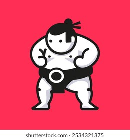 Eine niedliche und gewagte Vektorgrafik eines Sumo-Wrestlers in minimalistischem Stil auf rotem Hintergrund, ideal für Sport und japanische Designs.