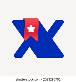Cute and bold X letter logo with a red bookmark ribbon and white star. Vector typeface is perfect for your Favorite project, School infographic, Reading App identity, Books store, or company.