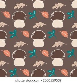 Cute boletus with autumn forest background. Mushroom seamless pattern. Mushrooms and fall foliage print, vector graphics