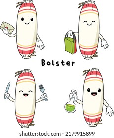 Cute bolster with faces cartoon mascot hand drawn set isolated on white background