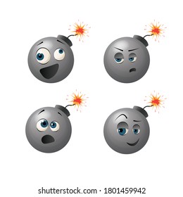 Cute bomb character with different emotions on its face. Vector cartoon sticker set. Expression.
