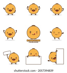 cute bombolone cartoon mascot, italian traditional bread vector illustration, with happy facial expressions and different poses, isolated on a white background