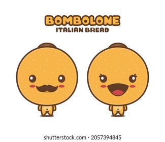 cute bombolone cartoon mascot, italian traditional bread vector illustration, isolated on white background