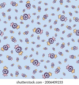 Cute bonbons seamless pattern, hand-drawn candies repeat pattern, confectionery wrapping paper, candy texture on a blue background