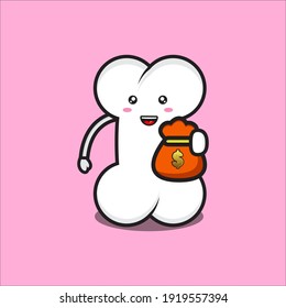 cute bone mascot with money bag, cute bone mascot character vector eps 10 on white background