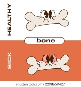 Cute bone retro cartoon character. Healthy happy bone and sick sad unhealthy osteoporotic, fracture. Linear hand drawn Illustration in trendy 90s-00s style.
