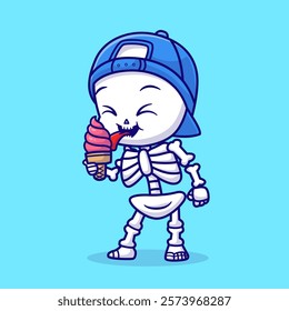 Cute Bone Skeleton Eating Ice Cream Cone Cartoon Vector 
Icon Illustration. Food Holiday Icon Concept Isolated 
Premium Vector. Flat Cartoon Style