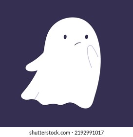 Cute boo character in bad mood. Kids Halloween ghost silhouette floating. Creepy spook. Helloween phantom with puzzled thoughtful face expression, emotion. Isolated childish flat vector illustration