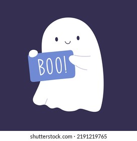 Cute boo character. Funny scary Halloween ghost. Adorable kawaii spook, phantom. Friendly sweet spirit with smiling face expression. Magic Helloween symbol. Isolated kids flat vector illustration