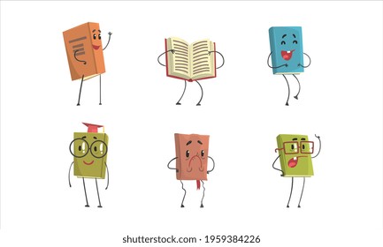 Cute Book Cartoon Characters Set, Humanized Textbooks with Funny Faces Vector Illustration