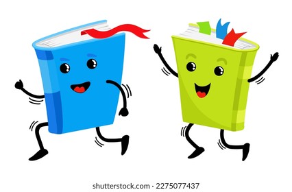 Cute book character. Books run one after another. Вook characters, mascots, cartoon vector illustration isolated on white. Childish books with smiling faces, arms and legs, education concept.