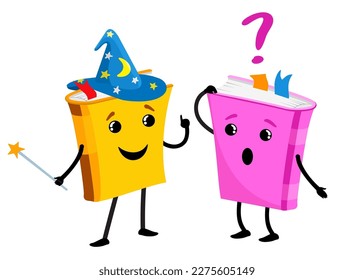 Cute book character. Books talk to each other. Вook characters, mascots, cartoon vector illustration isolated on white. Childish books with smiling faces, arms and legs, education concept.