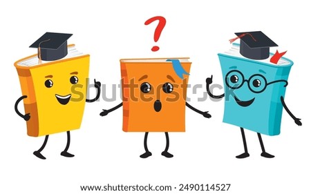 Cute book character. Books talking to each other. Book characters, mascots, cartoon vector illustrations isolated on white. Children's books with smiling faces, arms and legs, education concept.
