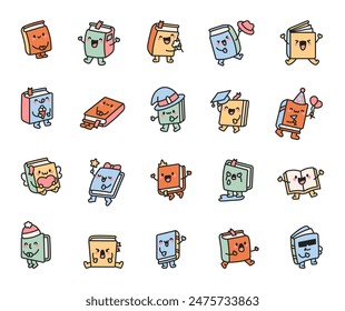 Cute book character. Funny cartoon hero. Hand drawn style. Vector drawing. Collection of design elements.