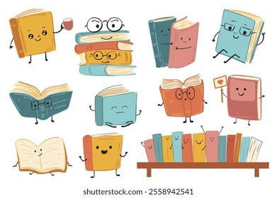 Cute book characters set elements in flat graphic design. Collection of funny books with smiling faces wear glasses, hold cup, hug, love, read, stack of textbooks, stand on shelf. Vector illustration.