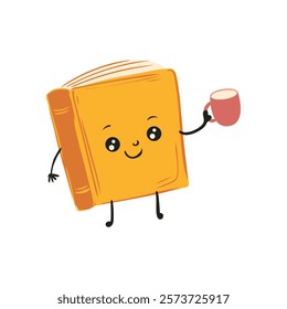 Cute book with coffee cup in flat design. Smiling literature character. Vector illustration isolated.