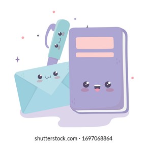 cute book envelope and pen kawaii cartoon character vector illustration