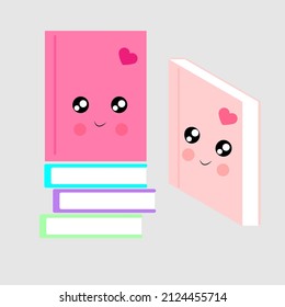 Cute book eyes character kawaii style print for t-shirt packaging stationery flat japanese style, Vector illustration