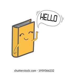 Cute book illustration. Cute cartoon book character tells children fairy tales. Vector flat icon isolated in the background.