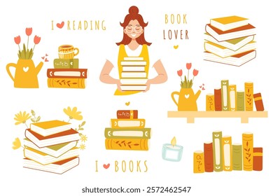 Cute book lover set of vector elements isolated on white background - stack of books with flowers and coffee mug, young girl in glasses holding books. Book lovers day concept. Flat cartoon style