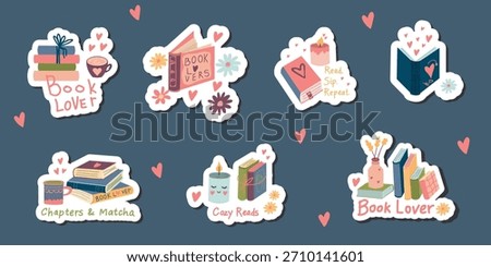 Cute Book Lover Sticker Set – 7 Cozy Reading Stickers with Books, Matcha Mug, Hearts, Flowers and Cute Labels – Printable Bookish Aesthetic for Planners and Journals