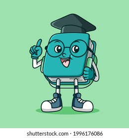 cute book mascot with bag and toga hat